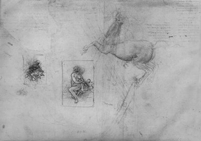 ひざまずくレダと馬のスケッチ、c1480 1945 作： Leonardo da Vinci