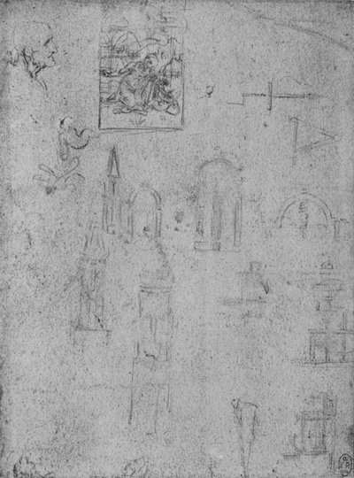 建築と幼児キリストを崇拝する聖母の研究、c1480 1945 作： Leonardo da Vinci