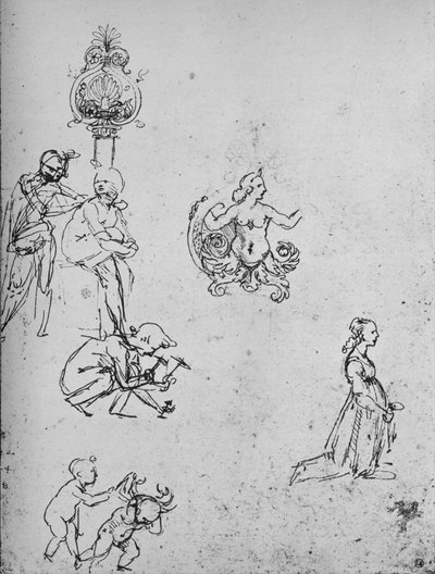 人物と装飾の研究、c1480 1945 作： Leonardo da Vinci