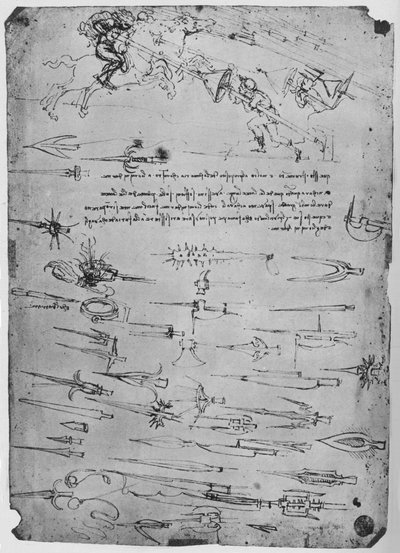 防御する槍で騎手を攻撃する歩兵の研究、c1480、1945 作： Leonardo da Vinci