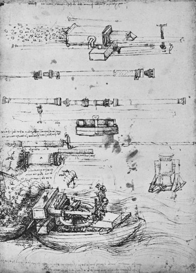 モルタルの研究、1つのボートからの発砲、およびキャノンの研究、c1480 1945 作： Leonardo da Vinci