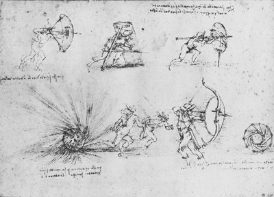 歩兵を守るための盾と爆弾の爆発に関する研究、c1480 1945 作： Leonardo da Vinci