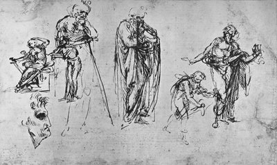 単一の図形とプロファイルの研究、c1480 1945 作： Leonardo da Vinci