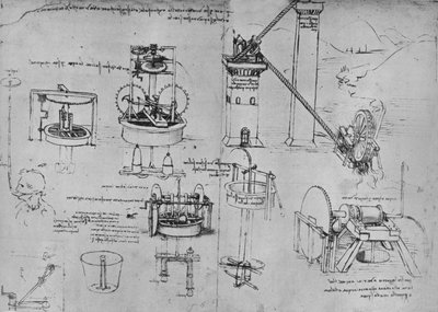 吸引ポンプ、アルキメデス管などの研究、c1480 1945 作： Leonardo da Vinci