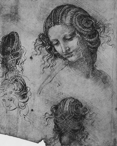 女の頭と髪形の研究、c1480 1945 作： Leonardo da Vinci