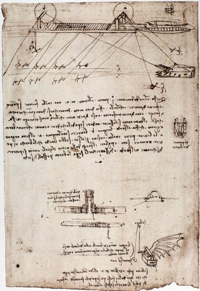 レオナルド・デ・ヴィンチ（Leonardo da Vinci）(1452 - 1519)による海洋性浚渫船の習作。ペンとインクで描かれています。 作： Leonardo da Vinci