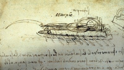 レオナルド・デ・ヴィンチ（Leonardo da Vinci）（1452 - 1519）による軍用機「スコーピオ」の習作。ペンとインクで描かれている。 作： Leonardo da Vinci