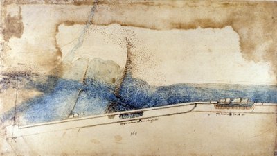 レオナルド・デ・ヴィンチ（レオナルド・ダ・ヴィンチ）（1452-1519）による水力機械（ノリア）における水の力の利用に関する研究。ペンとインクで描かれている。 作： Leonardo da Vinci