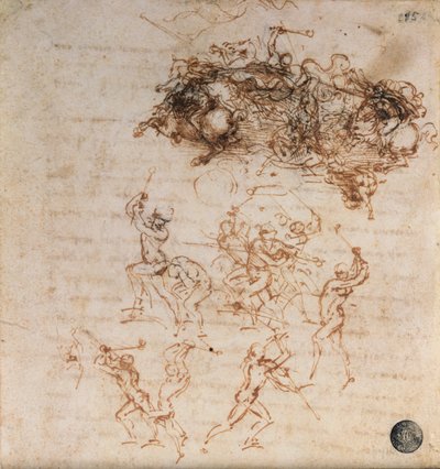 戦闘兵と歩兵の騎士の研究、1503年（紙にペンとインク） 作： Leonardo da Vinci