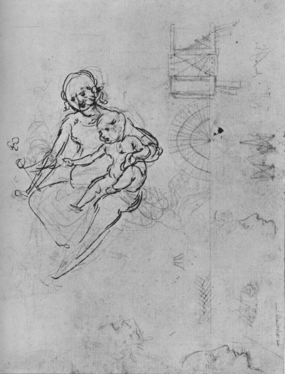 マドンナと子供、プロファイルと機械の研究、1478-1480 1945。 作： Leonardo da Vinci