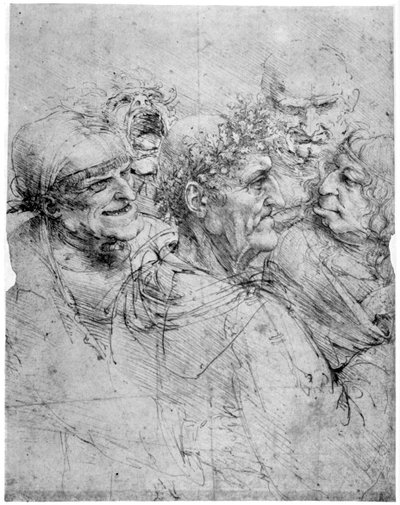 5つのグロテスクな頭部の研究、c1494 1954。 作： Leonardo da Vinci