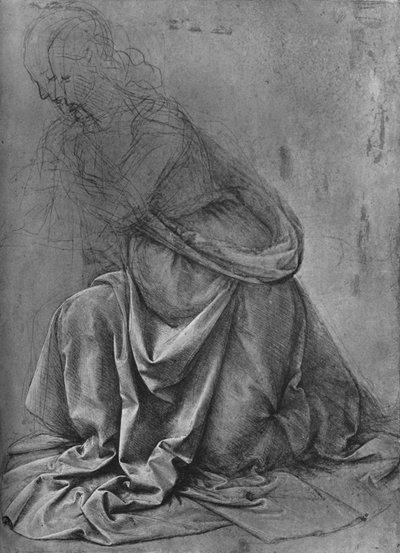 左にひざまずく女性のカーテンの研究、c1477 1945 作： Leonardo da Vinci