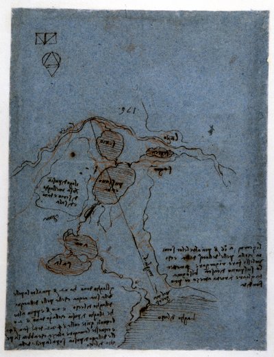レオナルド・デ・ヴィンチ（Leonardo da Vinci）（1452 - 1519）による水力機械（ノリア）における水の力の利用に関する研究。ペンとインクで描かれている。 作： Leonardo da Vinci