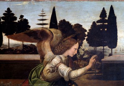 受胎告知、天使の細部 - 木に油彩 作： Leonardo da Vinci