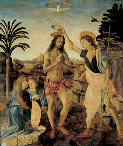 アンドレア・デル・ヴェロッキオ（1436-1488）とレオナルド・ダ・ヴィンチ（レオナルド・オブ・ヴィンチ）（1452-1516）による「キリストの洗礼」（1475-1478年頃）、木に油彩とテンペラ。 作： Leonardo da Vinci