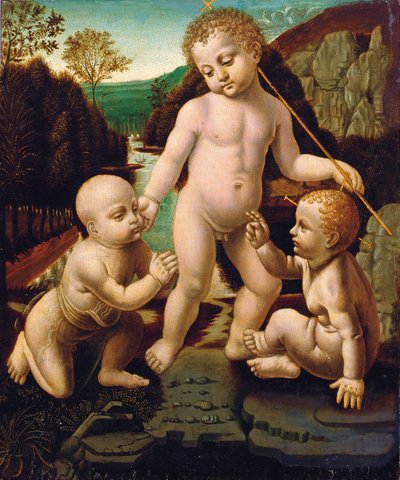 未確認の男性の子供を持つ幼児洗礼者聖ヨハネとキリストの子供 作： Leonardo da Vinci