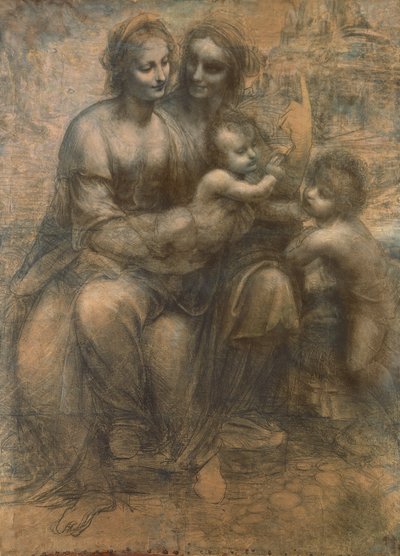 聖アンナと聖母子、およびバプテストの幼児聖ヨハネ、c.1499-1500（紙に白いチョークで強調された木炭、帆布に取り付けられた） 作： Leonardo da Vinci