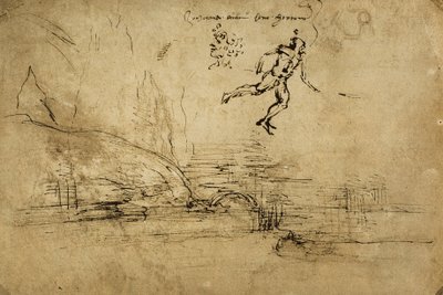 兵士の姿を描いた風景画の裏側：レオナルドダヴィンチのペン画。内閣描画と版画、ウフィツィ美術館、フィレンツェ 作： Leonardo da Vinci