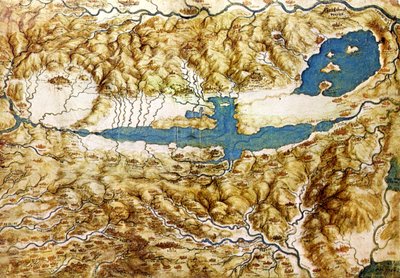 アレッツォ平野とヴァルディキアーナ周辺の田園地帯の地形図、16世紀初頭 作： Leonardo da Vinci