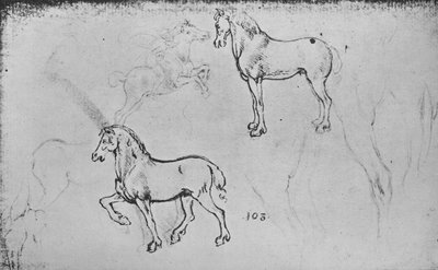 馬に関する2つの研究、疾走する騎手と馬の脚に関するその他の研究、c1480 1945 作： Leonardo da Vinci