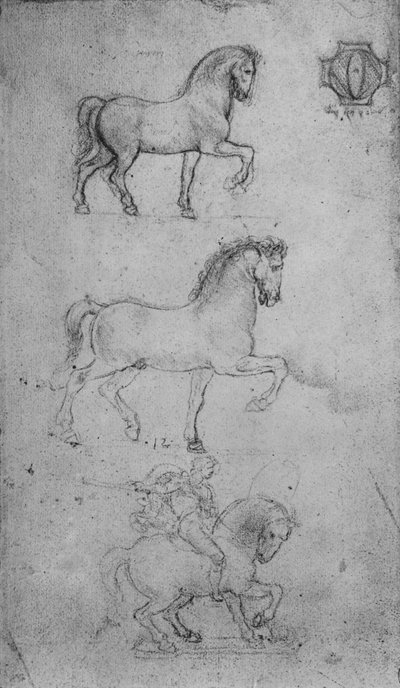 馬の2つの研究と馬とライダーの1つ、c1480 1945 作： Leonardo da Vinci