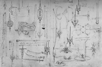 さまざまな攻撃と防衛の武器、c1480 1945 作： Leonardo da Vinci
