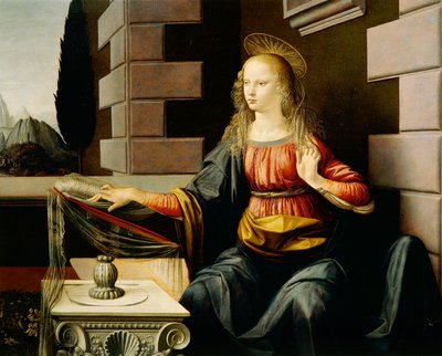 聖母マリア、受胎告知の詳細、1475年頃（木に油とテンペラ） 作： Leonardo da Vinci
