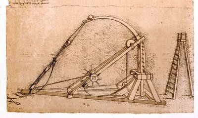 ウォーマシン。レオナルド・デ・ヴィンチ（レオナルド・ダ・ヴィンチ）（1452 - 1519）によるカタパルトの研究。 作： Leonardo da Vinci