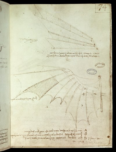 翼。空飛ぶ機械の絵。レオナルド・デ・ヴィンチの手稿（レオナルド・ダ・ヴィンチ 作： Leonardo da Vinci