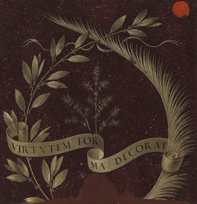 月桂樹、椰子、ジュニパーの花輪と Virtutem Forum Decorat が刻まれた巻物 (裏面) 作： Leonardo da Vinci