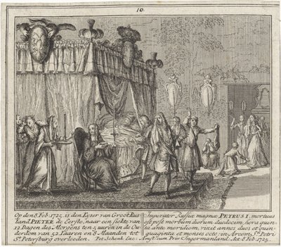 La mort de Pierre I le Grand, le 8 fevrier 1725 - 1725年2月8日のピョートル大帝の死、シェンク、レナード（1696-1767）作。銅製エングレーヴィング 作： Leonardus Schenk