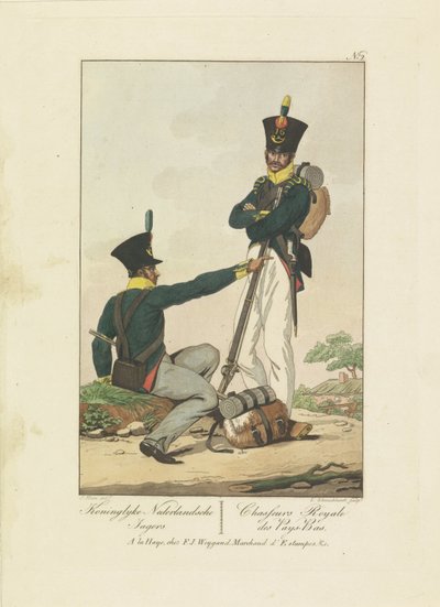 2 人のハンター、1814 年～1818 年 Koninglyke Nederlandsche Jagers / Chasseurs Royale des Pays-Bas (オブジェクトのタイトル) 1814年から1818年までの7つの統一表現（シリーズタイトル） 作： Leonardus Schweickhardt