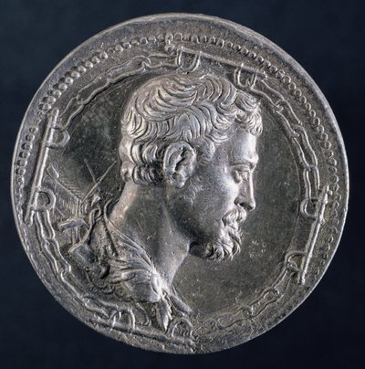 囚人の鎖に囲まれた画家と背景にガレー船を描いたアンドレア・ドーリアのメダイユの裏面 1541年頃（銀）（裏面は122337参照 作： Leone Leoni