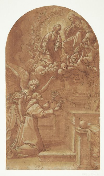 天使に支えられて跪くフランシスコ会士 (Frans of Assisi?) が、即位したキリストに向けて両手で花を差し出しています。 作： Leonello Spada