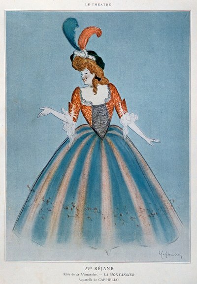 レジャン（1856-1920）と呼ばれるコメディアンのガブリエル・シャルロット・レイユがモンタンシエ役で登場。レオネット・カッピエーロ（1875-1942）の水彩画 パリ、装飾美術 作： Leonetto Cappiello