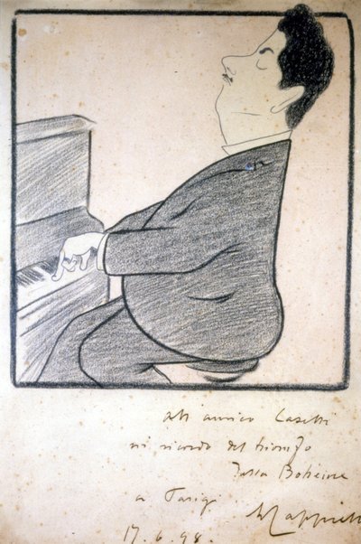 イタリアの作曲家、ジャコモ・プッチーニ（1858-1924）の肖像。Leonetto Cappielloによる風刺画。 作： Leonetto Cappiello