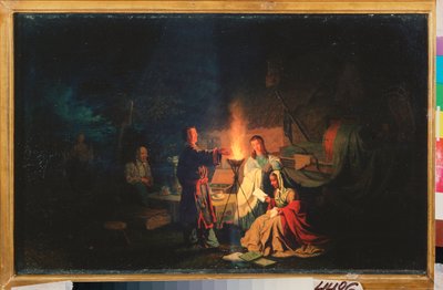 休憩中のコメディアン。 （俳優たちは、夕暮れ時に、カントリーハウスの中庭で松明の周りでセリフをリハーサルします。その近くには、サモワールとカップのあるテーブル、防水シートの下の舞台装置があります）。 しし座の絵 作： Leonid Ivanovich Solomatkin