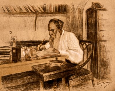 書斎でのレフ・トルストイ伯爵。1908年（リトグラフ） 作： Leonid Osipovic Pasternak