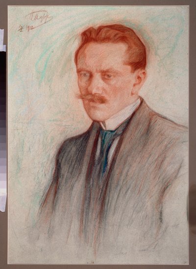 詩人ユルギス・バルトルサイティス (1873-1944) の肖像画。 Leonid Osipovich Pasternak (1862-1945) の作品、紙に楽観的でチョーク 作： Leonid Osipovic Pasternak