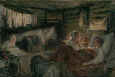 ミティシチのナターシャと負傷したアンドレイ王子。 小説『戦争と平和』の挿絵、1893年。 作： Leonid Osipovich Pasternak