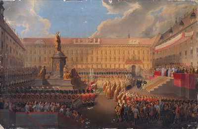 1846 年 6 月 19 日、ウィーンのフランツェンスプラッツで、オーストリア皇帝フランツ 1 世の記念碑が除幕されました。 作： Leopold Bucher