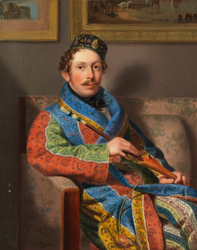 喫煙ガウンを着た若い紳士、1830年。 作： Leopold Fertbauer