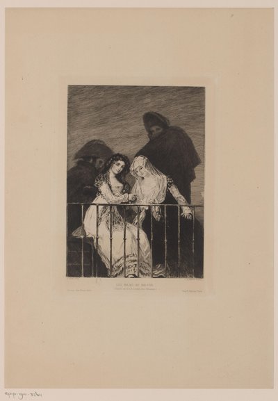 2 人の女性と 2 人の男性が後ろに隠れている Les majas au balcon (オブジェクトのタイトル) 作： Leopold Flameng