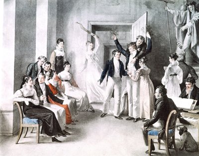 シューベルト派の音楽会。右側の椅子に座っているのがシューベルト。Kupelniesenの水彩画 作： Leopold Kupelwieser