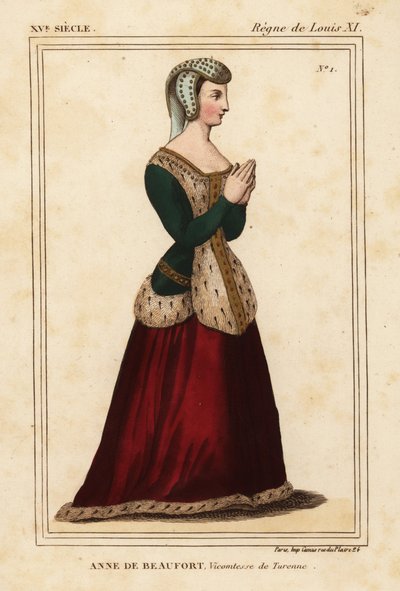 アンヌ・ロジェ・ド・ボーフォール、テュレンヌ子爵夫人 1435-1479年ロジェ・ド・ジェニエールのポートフォリオVI 11、『Le Bibliophile Jacob』別名ポール・ラクロワの『Costumes Historiqu』所収のナントのコルドリエール教会のステンレスガラス窓を模した手彩色リトグラフ。 作： Leopold Massard