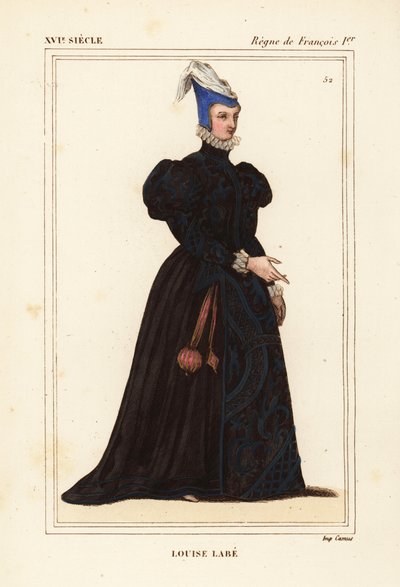 ルイーズ・ラベ（ラ・ベル・コルディエール） 1526-1566年 フランスの詩人。音楽家、馬術家、弓術家、剣術家、言語学者。ロジェ・ド・ジェニエールのポートフォリオVIII 82の肖像画をもとにした手彩色リトグラフ。 作： Leopold Massard