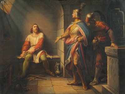 バイエルンのルートヴィヒは、1314年にフリードリヒ・ザ・ハンサムへの釈放を発表し、彼に共同摂政を提供します 作： Leopold Schulz