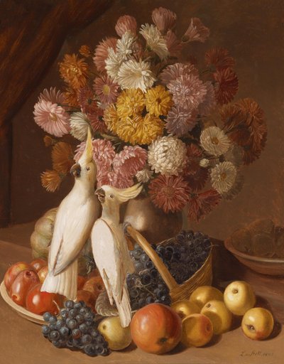 果物やオカメインコの花のある静物 作： Leopold von Stoll