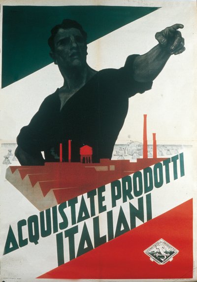 イタリア製品の購入、独裁時代のファシストのプロパガンダポスター 作： Leopoldo Metlicovitz