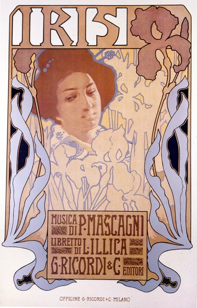 イリス作曲：ピエトロ・マスカーニ、ポスター：レオポルド・メトリコヴィッツ、リブレット：ルイジ・イリカ、1898年。 作： Leopoldo Metlicovitz